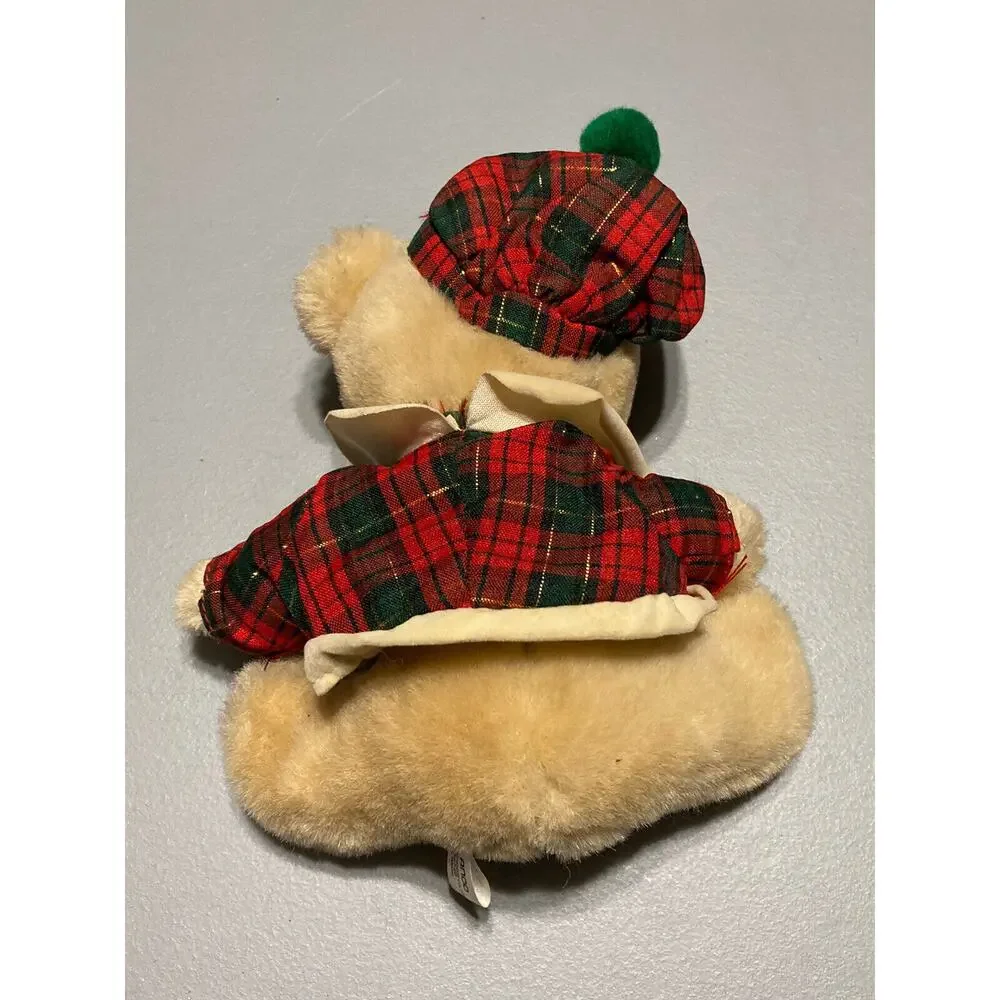 Vintage ANCO Plush Teddy Red Green‎ Christmas Plaid Holiday Toy Golfer Hat